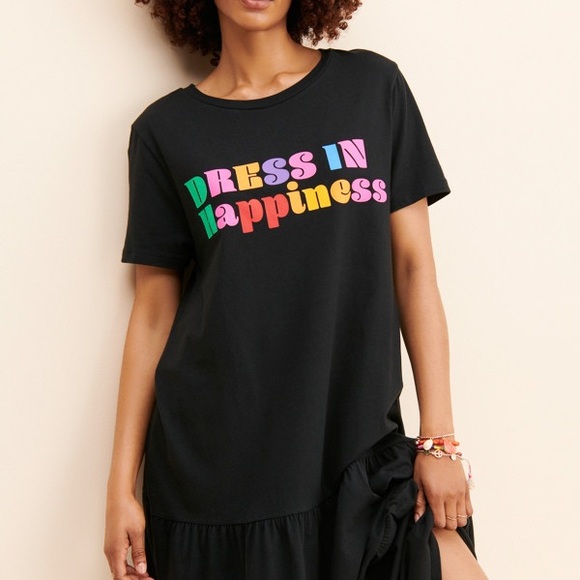 Farm Rio Black Graphic T-Shirt “Dress in Happiness” - Picture 1 of 7